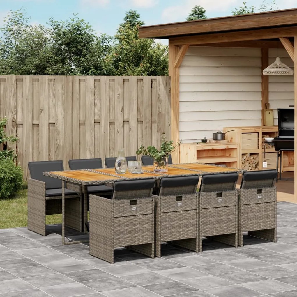 vidaXL 9 pcs conjunto de jantar p/ jardim c/ almofadões vime PE cinza