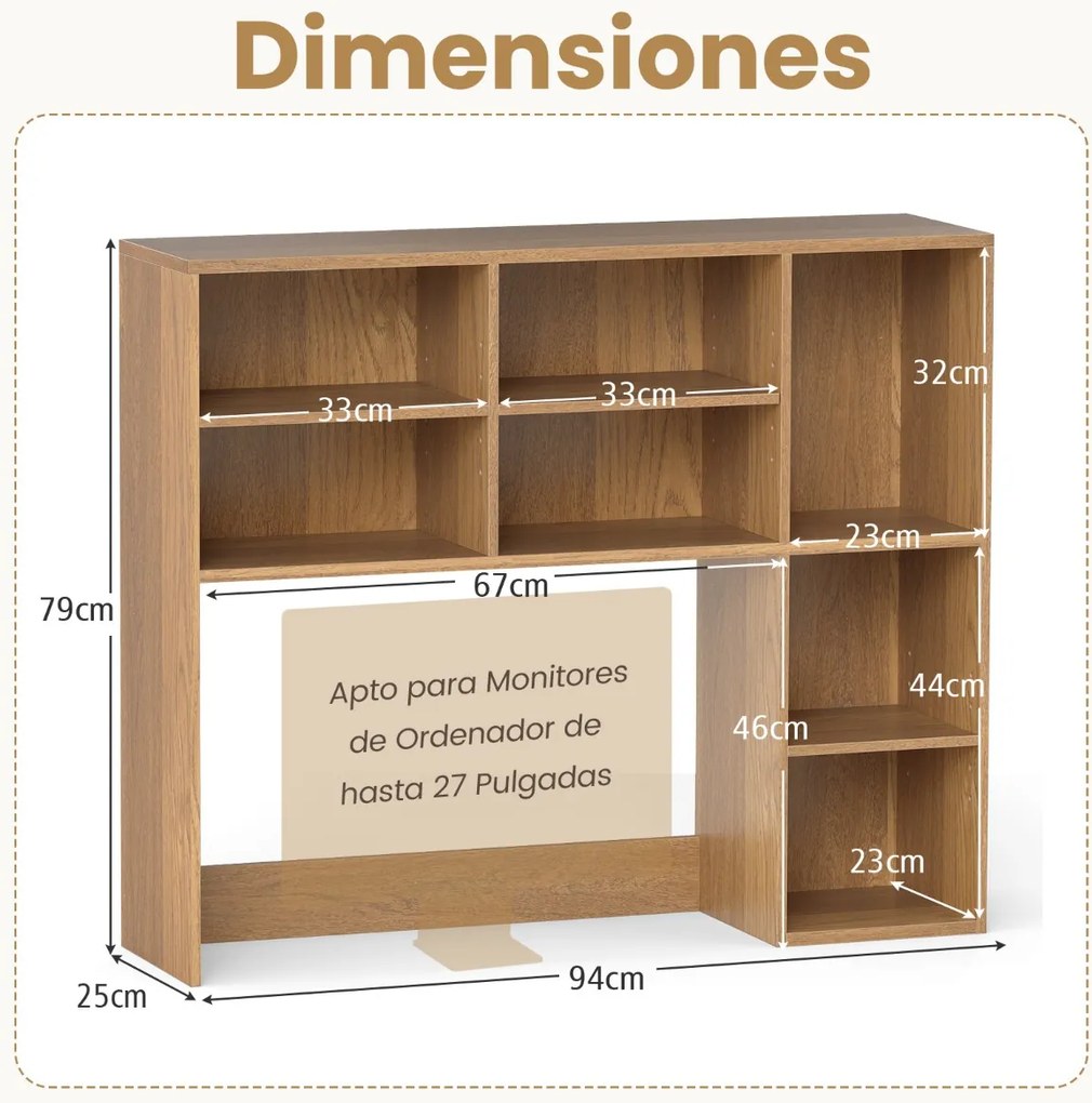 Estante de secretária 94 x 25 x 79 cm com 3 prateleiras ajustáveis e compartimento aberto para monitores até 27" para casa e escritório Natural
