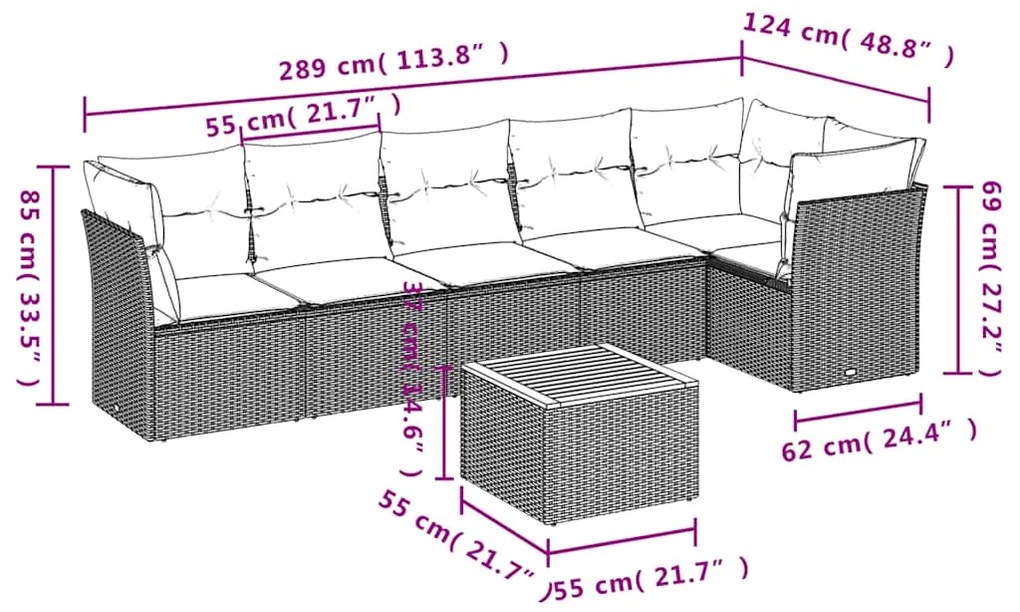 7 pcs conjunto sofás p/ jardim c/ almofadões vime PE cinzento
