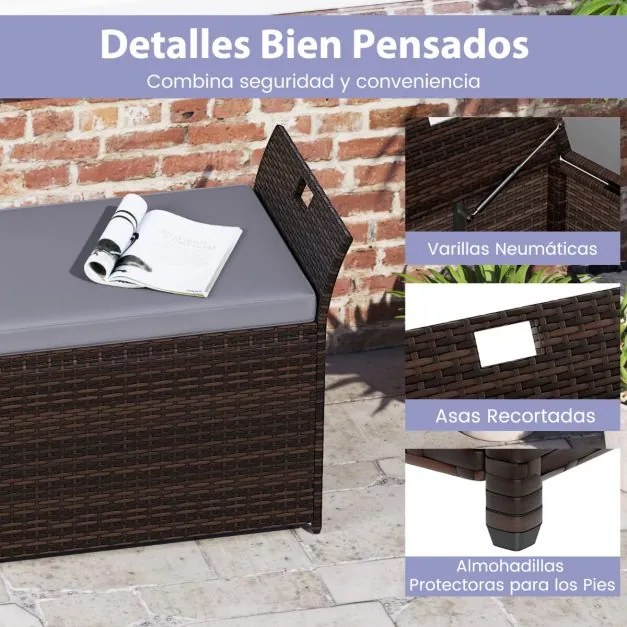 Banco jardim com arrumação para exterior com almofada de rattan PE e pegas laterais para 2 pessoas Caixa de piscina Terraço Jardim Castanho Rústico +