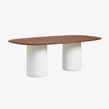 Mesa De Jantar Oval Em Mdf E Cimento Lysander Carvalho Escuro Castanho & Branco Brilhante & 220 X 110 Cm - Sklum