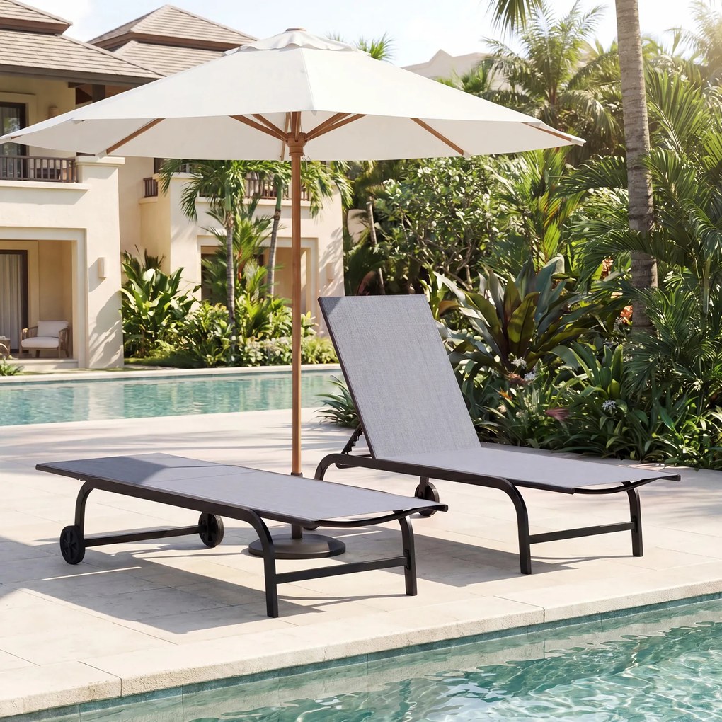 Conjunto de 2 Espreguiçadeiras de Jardim, 190 x 69 cm, Encosto Ajustável em 6 Posições, Cinzento