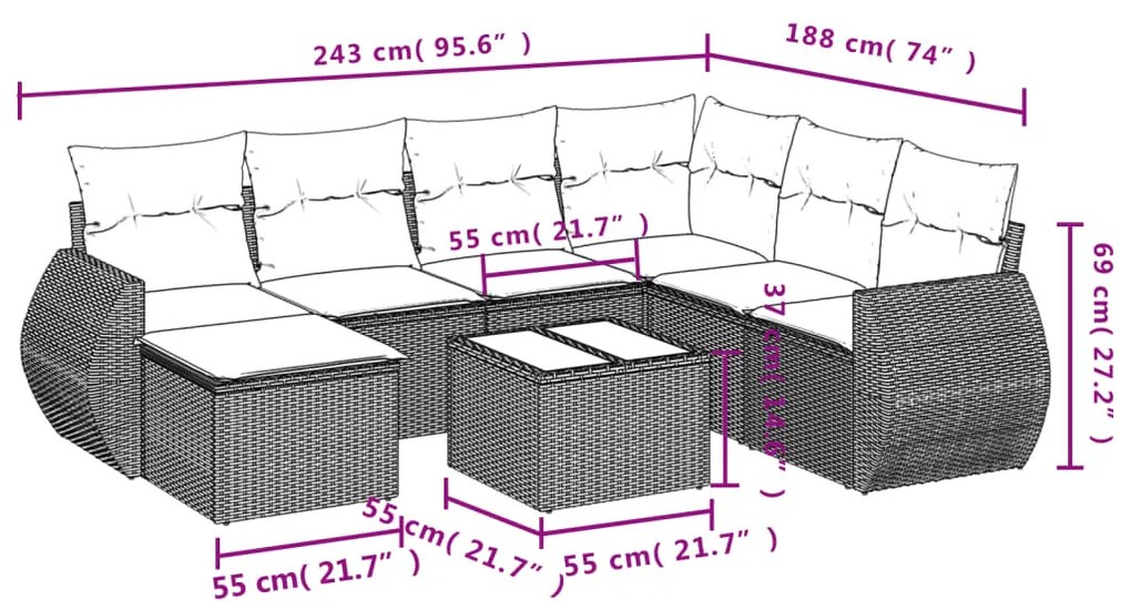 8 pcs conj. sofás jardim c/ almofadões vime PE cinzento-claro