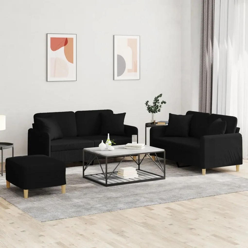 vidaXL 3 pcs conjunto de sofás com almofadas tecido preto