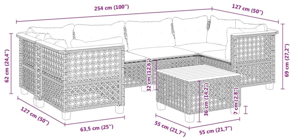 7 pcs conjunto de sofás p/ jardim c/ almofadões vime PE preto