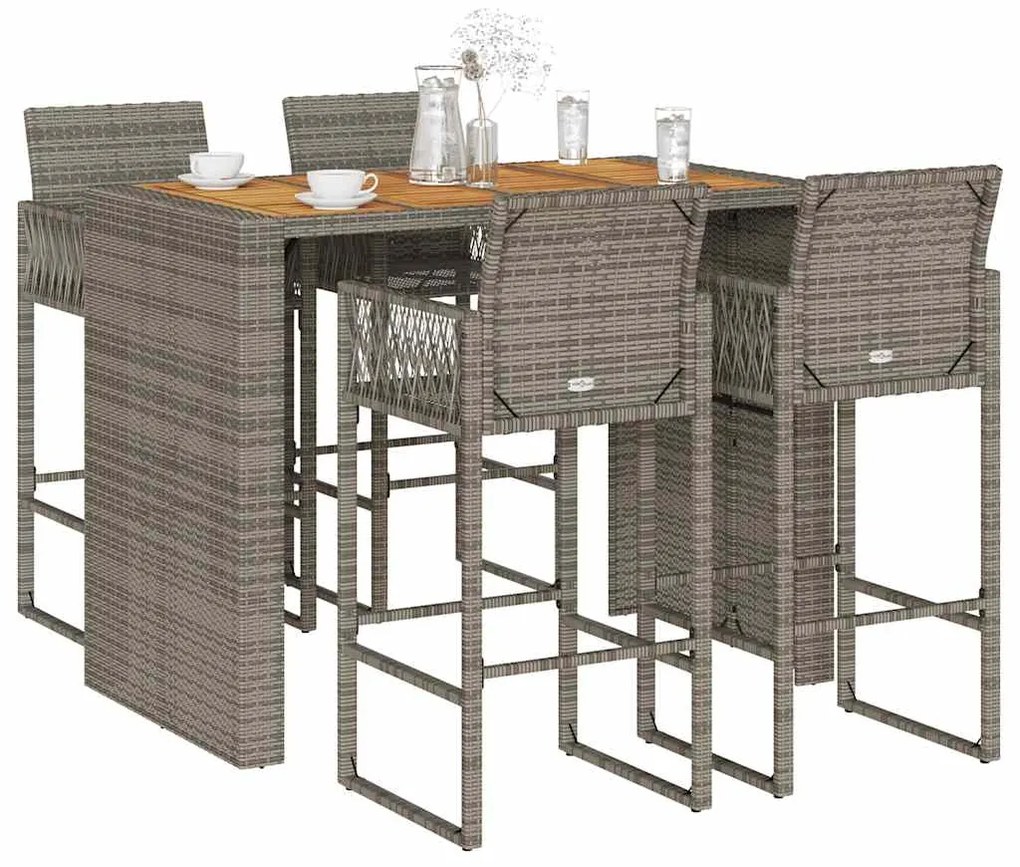 5 pcs conj. bar jardim sem almofadões vime PE/acácia cinzento
