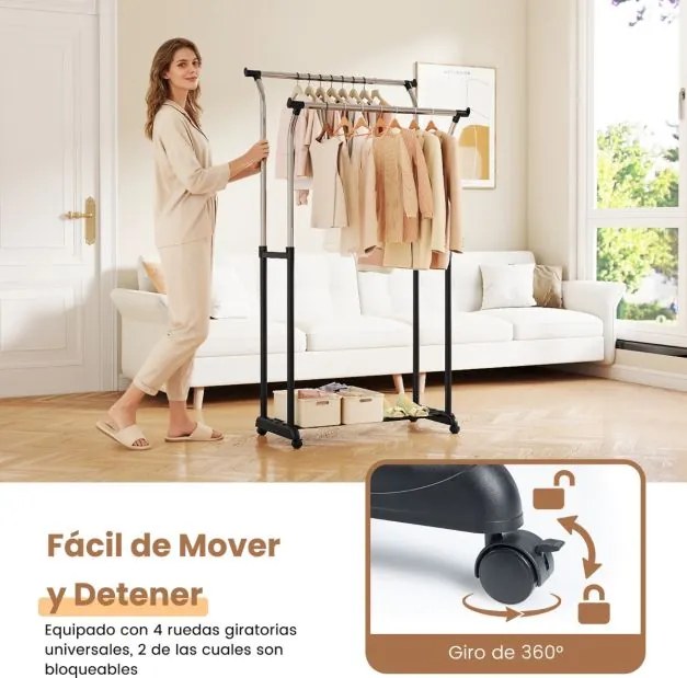 Guarda Roupa aberto, móvel com duas barras, altura ajustável 160-180 cm, com rodas, metal resistente, para closet, lavandaria ou sala, preto