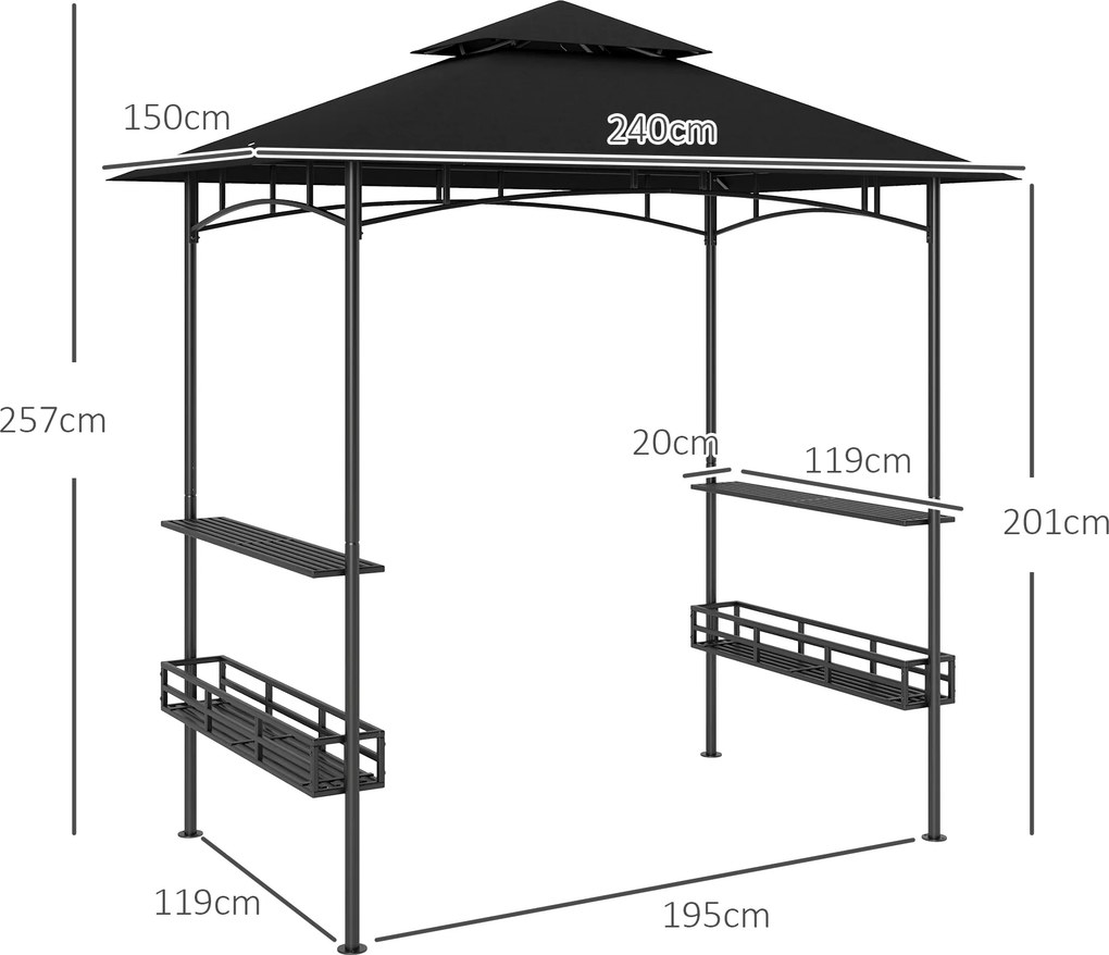 Tenda para churrasco com toldo para jardim 240 x 150 x 257 cm (GRELHADOR NÃO INCLUIDO), ganchos de teto, prateleiras e cestos, cinzento escuro