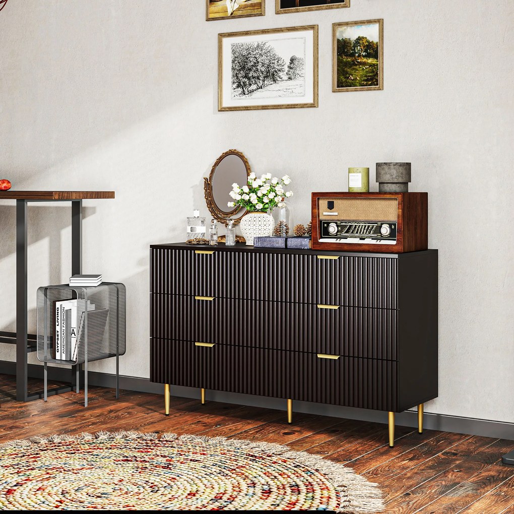 Cómoda de 6 gavetas, móvel de arrumação moderno para quarto com puxadores e pés dourados, 120 x 40 x 76,5 cm, preto