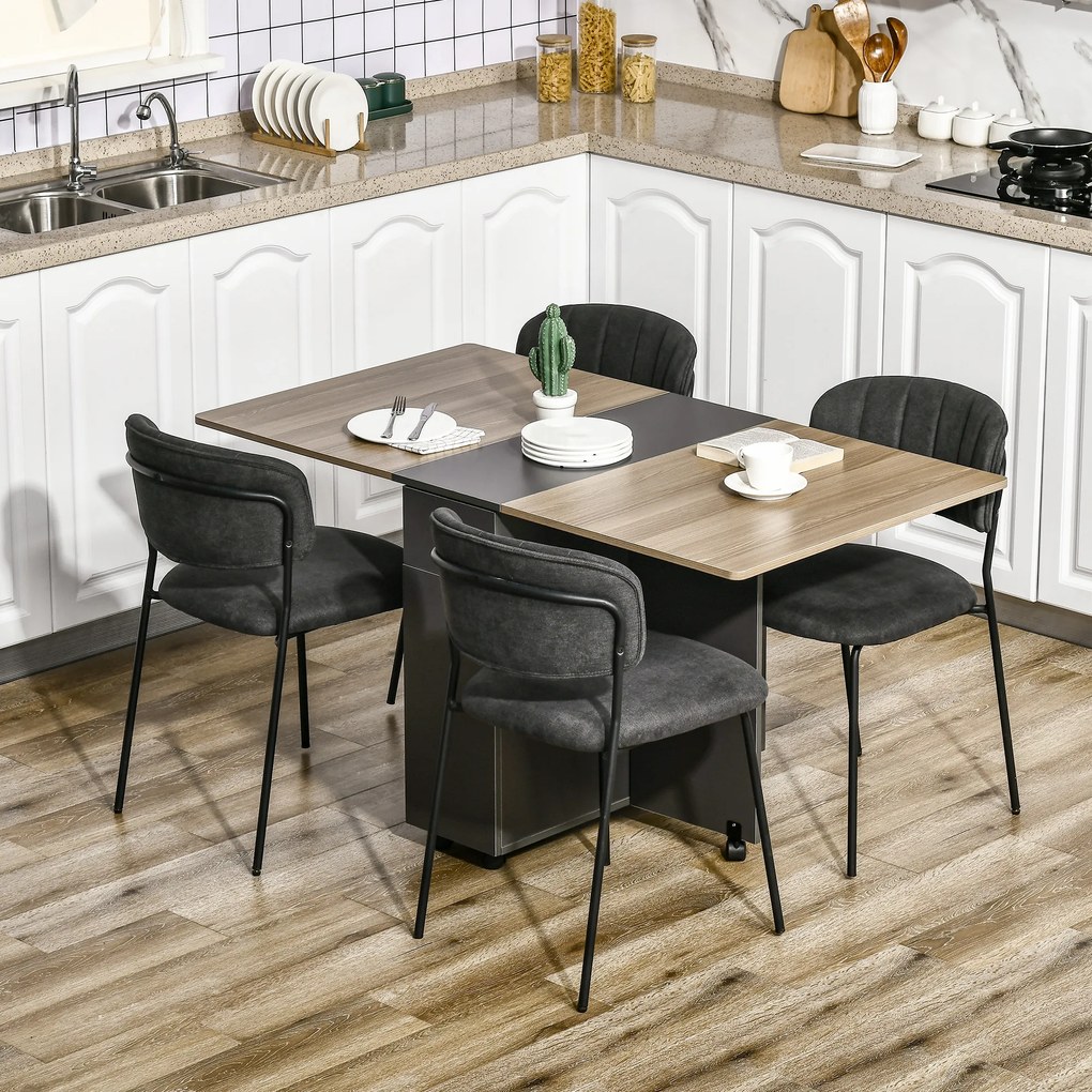 Mesa de jantar dobrável com rodas (CADEIRAS NÃO INLCUIDAS), com 2 gavetas e 1 armário para arrumação, 76 x 140 x 74 cm castanho e cinzento