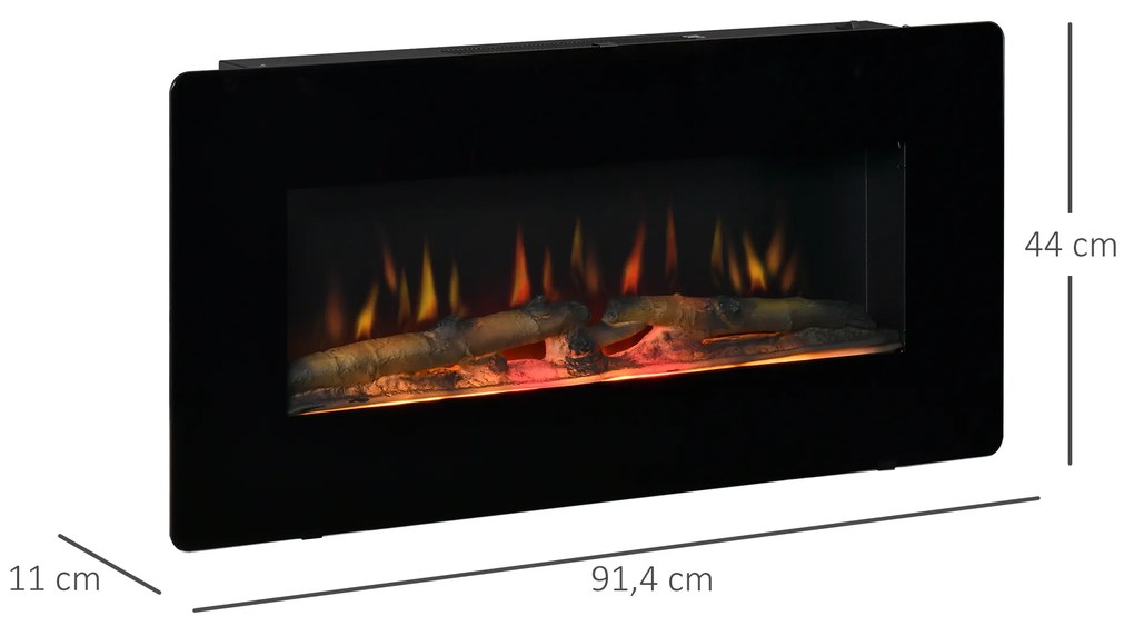 HOMCOM Lareira Elétrica de Parede 1800-2000W com Controle Remoto Simulação de Chama com Brilho Regulável Termostato e Temporizador para Salas de 30m² 91,4x11x44cm Preto