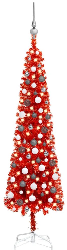 vidaXL Árvore de Natal pré-iluminada fina com bolas 180 cm vermelho