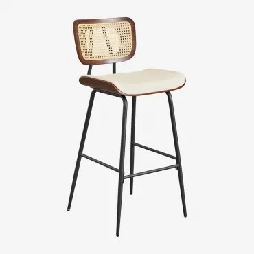 Banco Alto Em Madeira, Rattan E Couro Sintético Raysa Madeira Escura & ↑75 Cm & Couro Sintético Branco Quebrado - Sklum