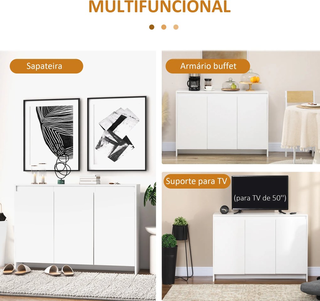 Móvel Aparador com 3 Portas Prateleiras Ajustáveis ​​e Suporte com Fecho Suave para Televisores 120x35x85 cm Branco