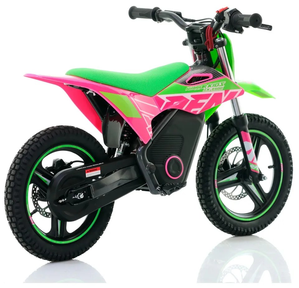 Mini moto elétrica para crianças velocidade até 35Km/h C/Limitador RFN Warrior SX-E500 500W 36V 14/14” Verde e Rosa