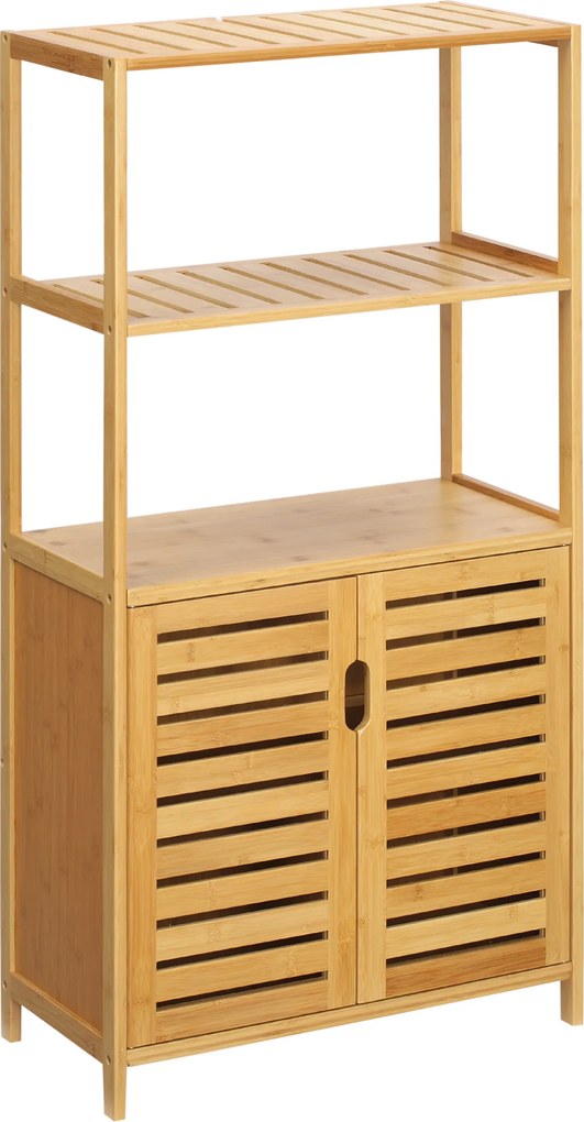 Móvel de casa de banho em bambu 60 (L) x 30 (P) x 120 (A) cm, 2 prateleiras abertas e porta dupla com ripas, natural