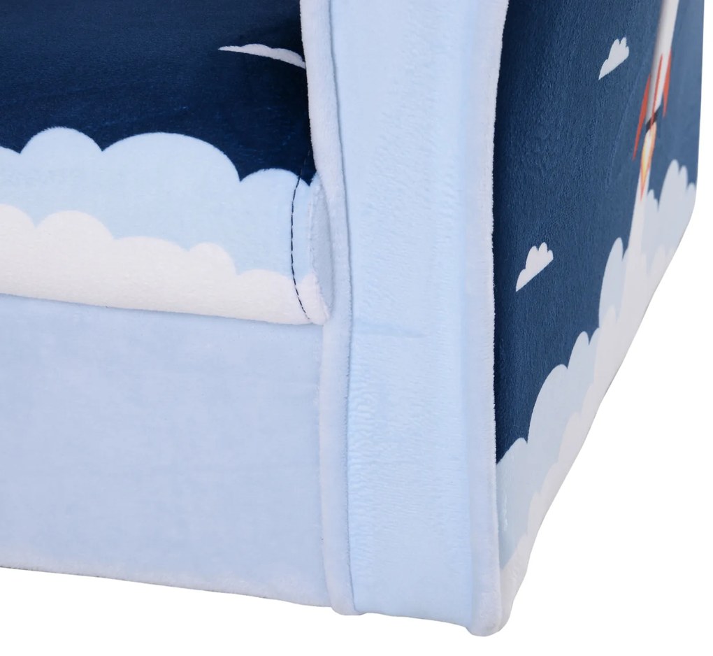 HOMCOM Poltrona para Crianças acima de 3 Anos com Desenhos de Foguete Estrutura de Madeira e Estofado em Flanela 50x39x44 cm Azul