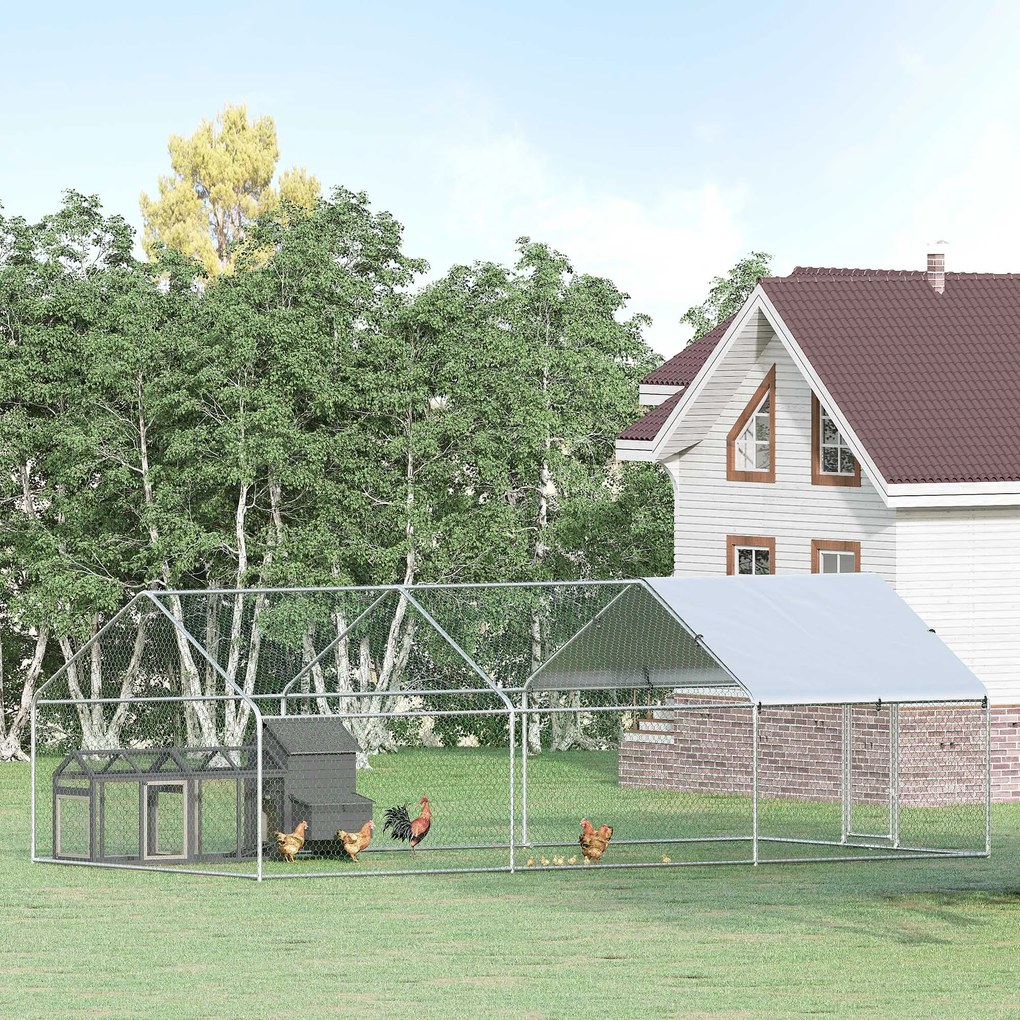 Galinheiro de Exterior Grande 3.03x6x1,95cm Gaiola de Metal Galvanizado para Galinhas Coelhos Aves com Fechadura Prata
