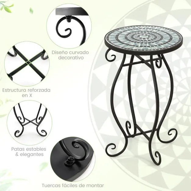 Mesa de apoio jardim em mosaico Mesa redonda de exterior com tampo de cerâmica para plantas para varanda, pátio, jardim 30 x 30 x 50 cm Turquesa