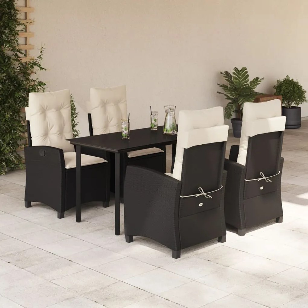 5 pcs conjunto de jantar p/ jardim c/ almofadões vime PE preto