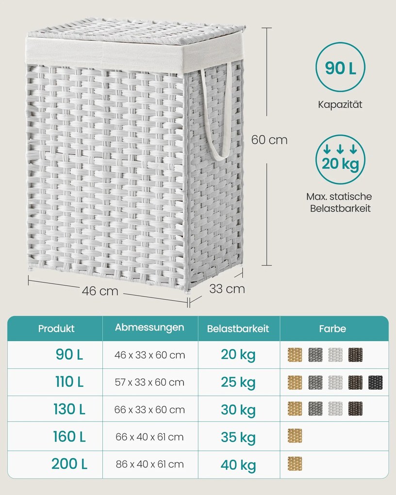 Cesto da roupa suja branco, 90 L, 33 x 46 x 60 cm com 2 compartimentos, trançado à mão e com tampa Branco
