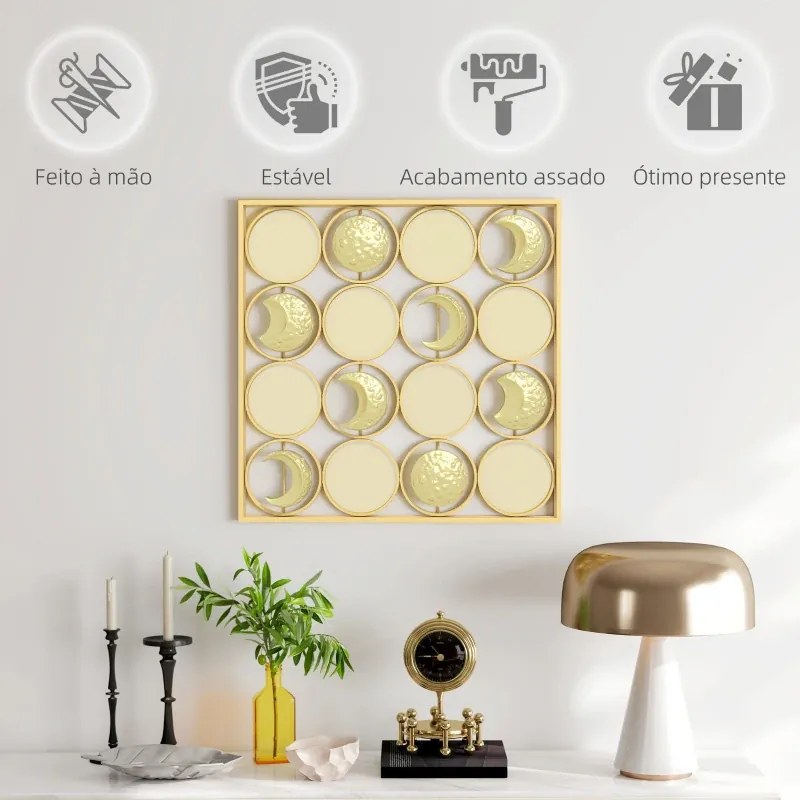 Decoração de Parede Metálica de Fases Lunares 67,9x67,9 cm com 16 Discos para Sala Quarto Corredor Dourado
