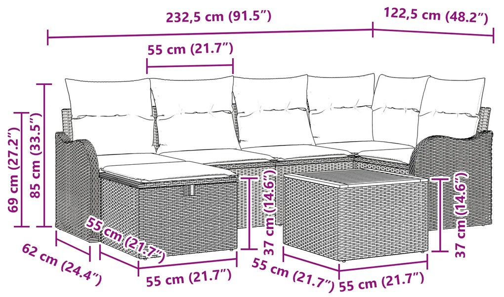 Conjunto de Sofás de Jardim vidaXL 7 Peças com Almofadas Preto Rattan