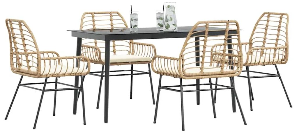 vidaXL Conjunto jantar jardim 5 peças almofadas vidro vime PE castanho