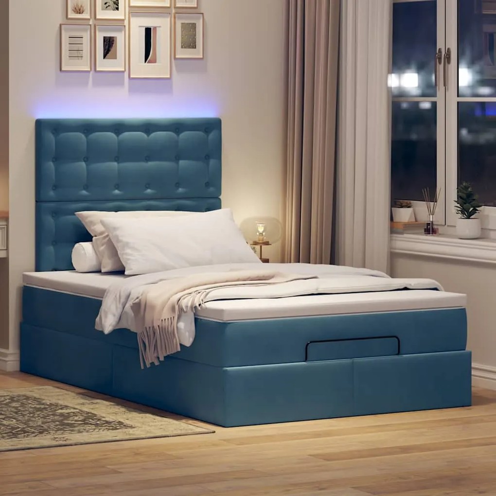 Estrutura de cama otomana com colchões azul escuro Veludo