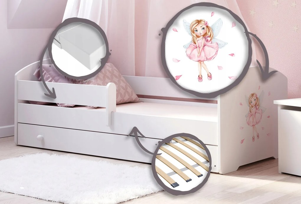 Cama infantil branca Luk fada 160x80 com gaveta - colchão e estrado incluído