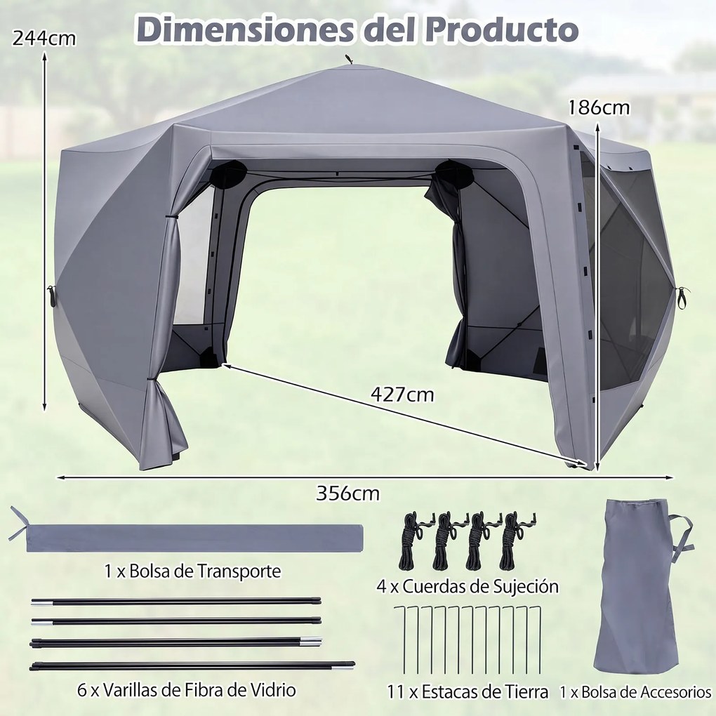 Tenda de Jardim Emergente de Seis Lados, 427 x 427 x 243 cm, Montagem Rápida, Cinzento