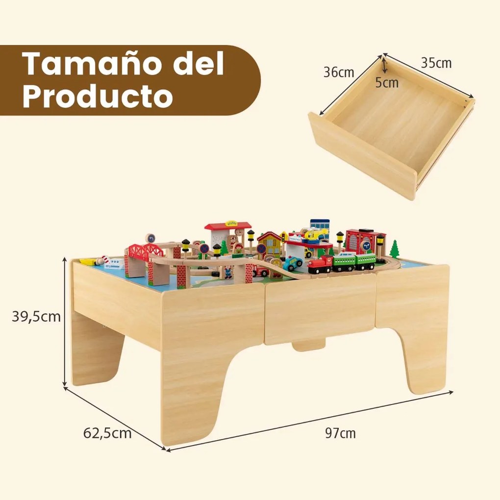 Conjunto de comboio para crianças de madeira maciça com 84 peças, mesa e carris para rapazes e raparigas com mais de 3 anos 97 x 62,5 x 39,5 cm Natura