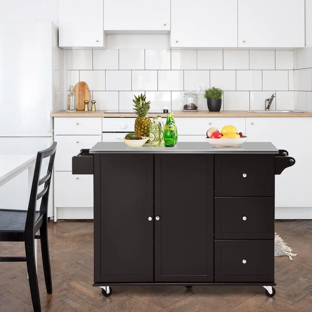 Carrinho de ilha de cozinha com bancada em aço inoxidável Estantes ajustáveis Gavetas 135 x 45,5 x 91,5 cm Castanho