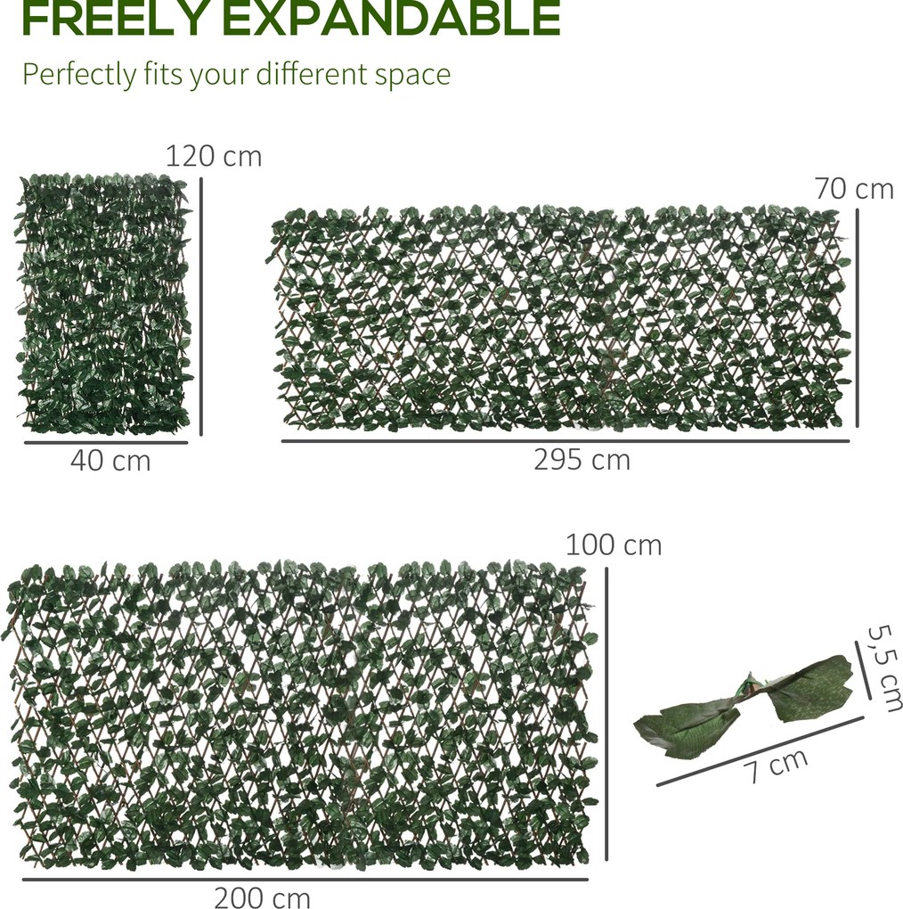 2 painéis de Sebe artificial 295 x 70 cm com folhas para parede, que protege da vista, comprimento ajustável, treliça extensível em PE verde