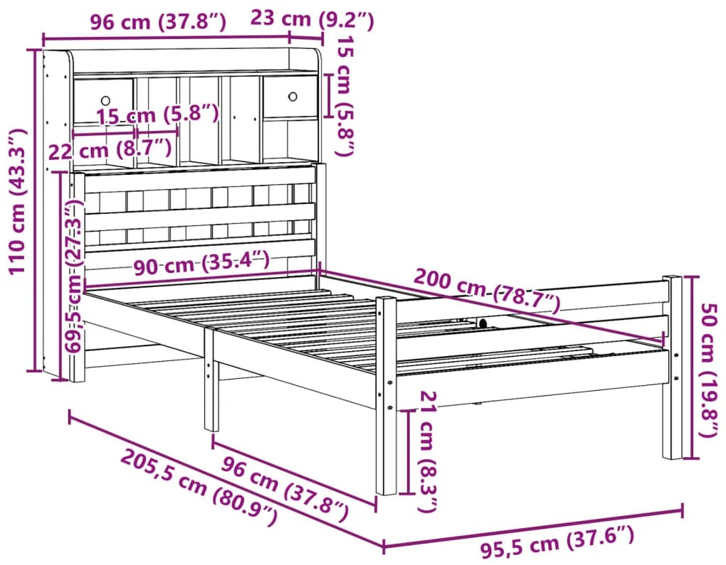 Cama com estante sem colchão 90x200 cm pinho maciço