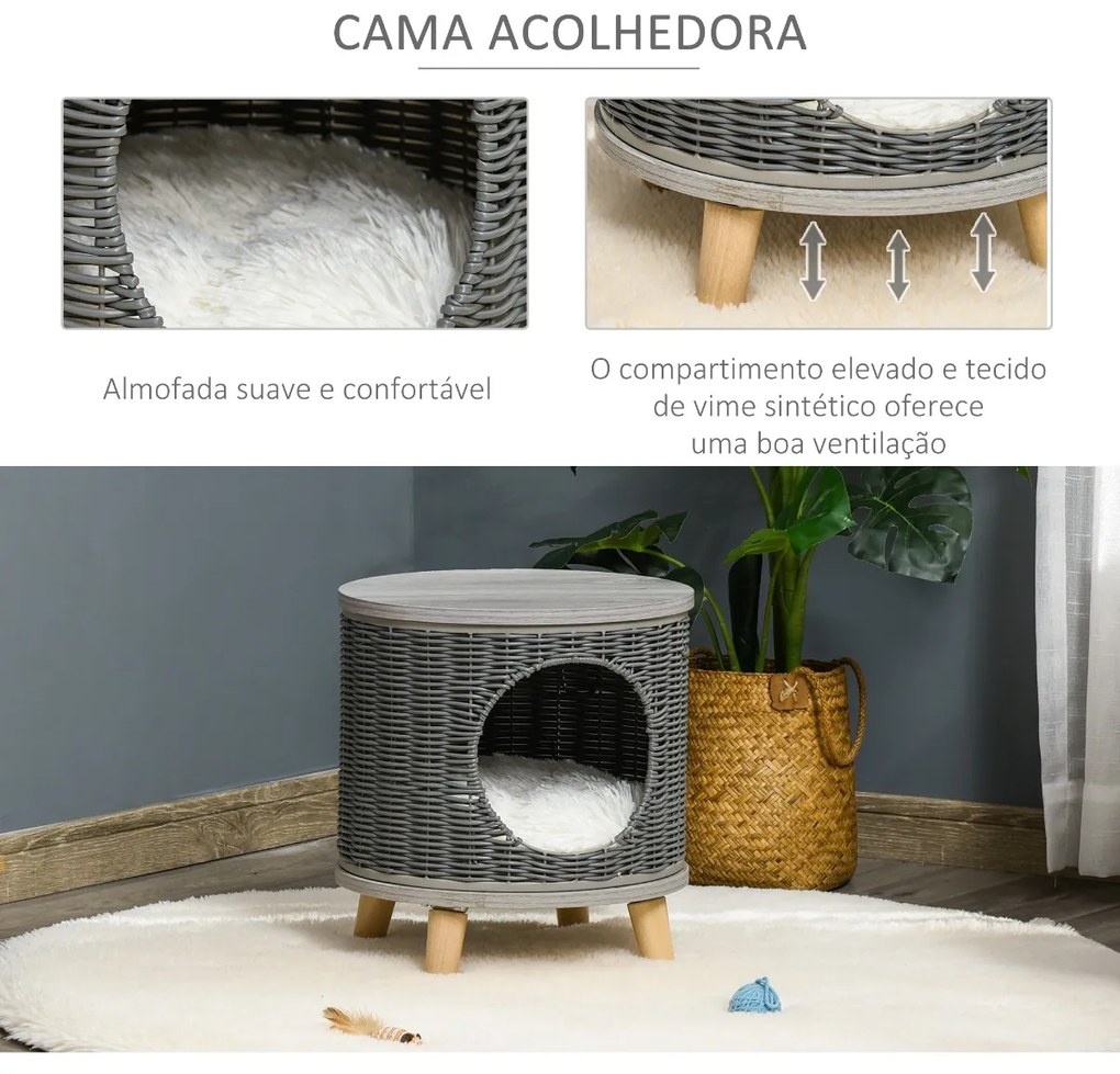 Caverna para Gatos de Vime Casa para Gatos Redonda com Tapete Lavável Pés de Madeira de Pinho Removíveis Ø36x40,5cm Cinza