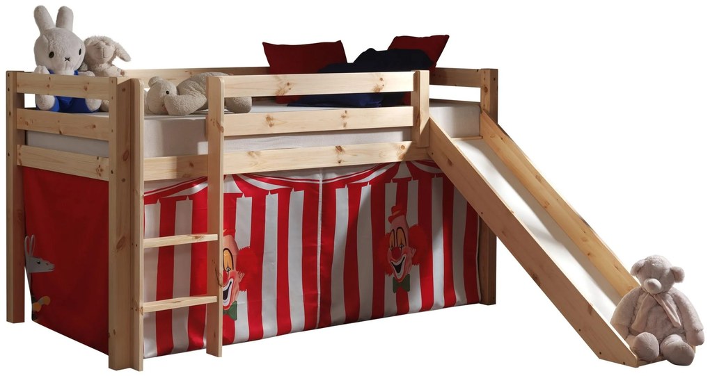 Conjunto Cama alta de Criança PINO 90 x 200 cm + estrado + escada + escorrega + cortina Circo Natural