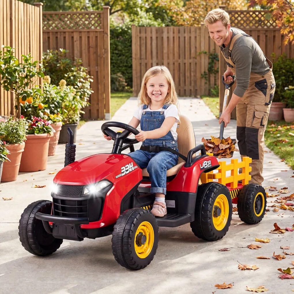 Trator elétrico de 24 V, trator infantil com reboque rebatível e removível, controlo remoto, música e faróis LED, a partir dos 3 anos, vermelho