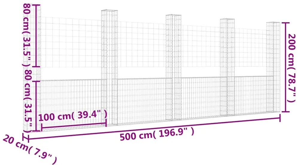 Cesto gabião em forma de U c/ 5 postes 500x20x200 cm ferro