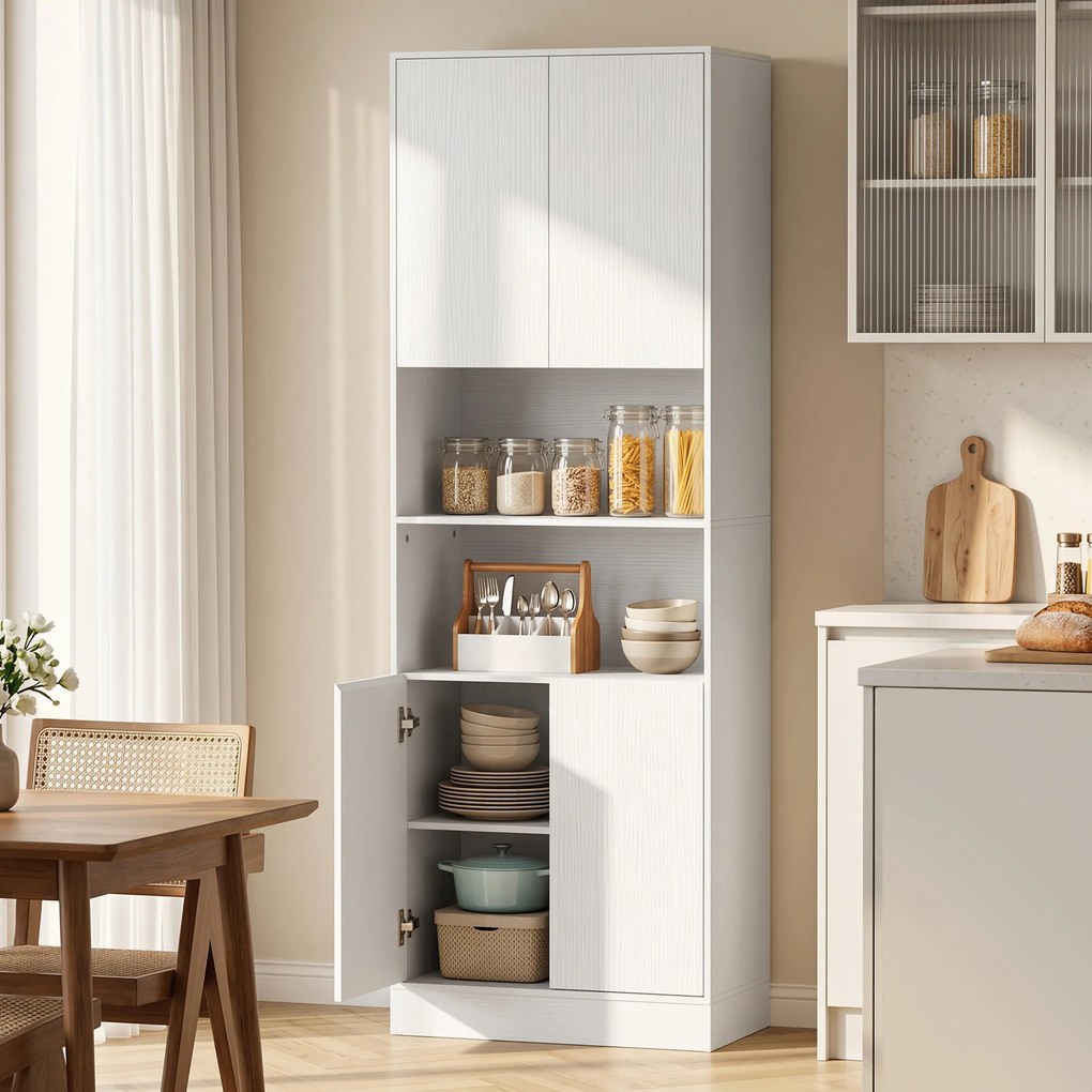 Armário de Cozinha com 4 Portas de Fecho Suave, Prateleiras Ajustáveis e 2 Compartimentos Abertos, Branco