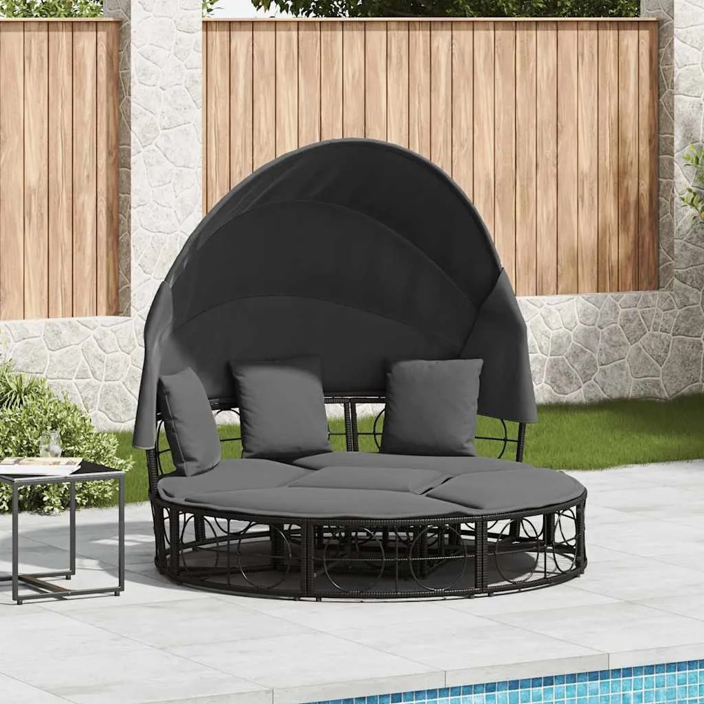 vidaXL Cama lounge de exterior c/ toldo e almofadões vime PE preto