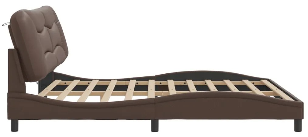 Estrutura cama c/ luz LED 200x200 cm couro artificial castanho