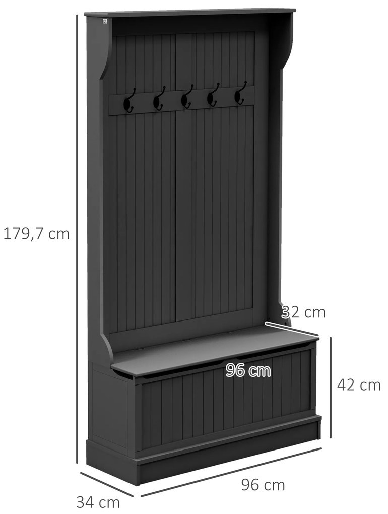 Móvel Cabide de Entrada com Banco Armário de Entrada com Cabide 5 Ganchos e Espaço de Armazenamento 96x34x179,7 cm Preto