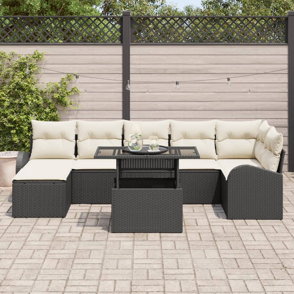 Conjunto de Sofá de Jardim de 8 Peças com Almofadas Preto Rattan PE, S