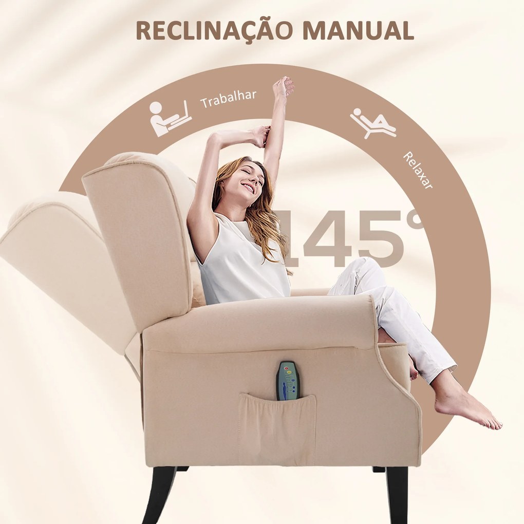 Poltrona de Massagem Poltrona Relax Reclinável com Controlo Remoto 2 Áreas de Massagem Bolso Lateral 78x83x101 cm Bege