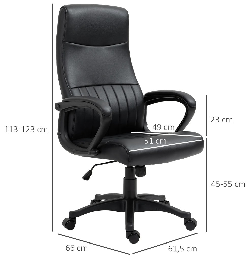 Vinsetto Cadeira de Escritório Ergonômica Cadeira de Escritório Basculante e Giratória 360° com Altura Ajustável Encosto Alto e Apoio para os Braços Pele Sintética 61,5x66x113-123cm Preto
