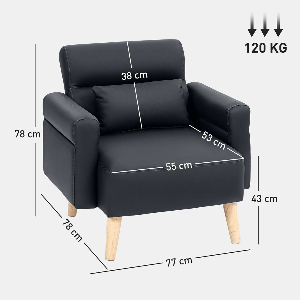 Poltrona Moderna Estofada em Couro Sintético com Apoios de Braço Acolchoados e Pés em Madeira 77x78x78 cm Preto