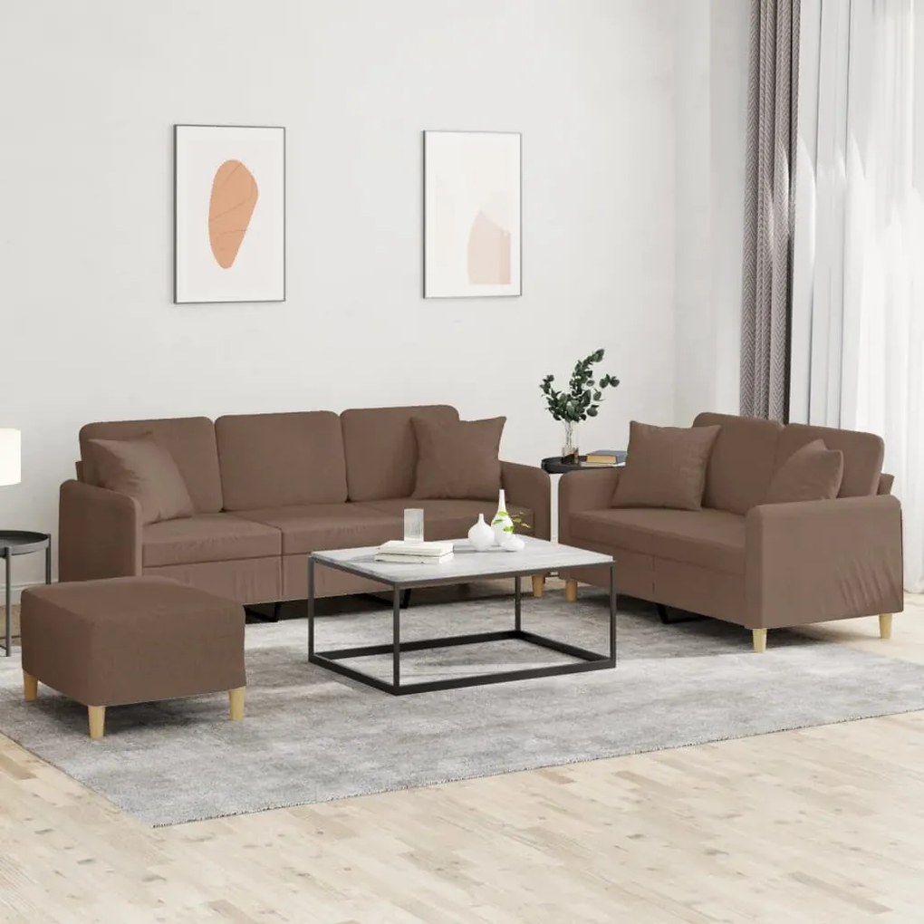 vidaXL 3 pcs conjunto de sofás com almofadas tecido castanho