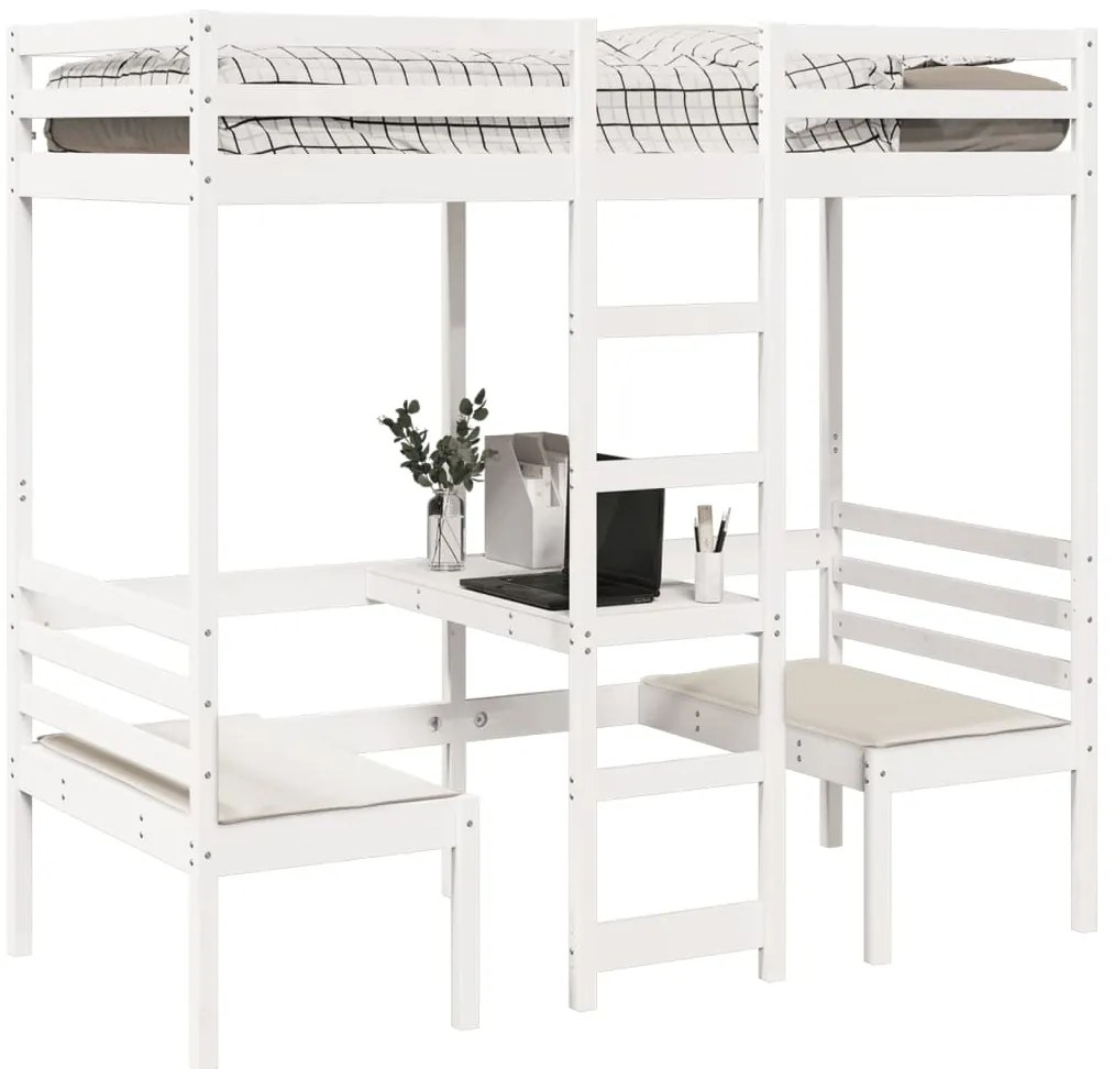 Cama alta c/ secretária/cadeiras 80x200 cm pinho maciço branco