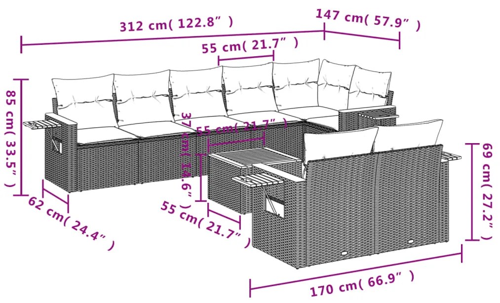 9 pcs conjunto sofás p/ jardim c/ almofadões vime PE cinzento